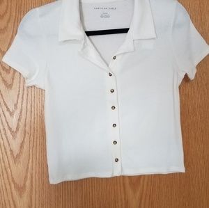 American Eagle White Cropped Collared Blouse M